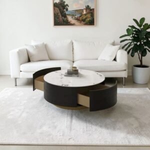 Tanush Furnitures Modern Gloss Round Coffee Table with Dual Drawers (Black) - Image 6