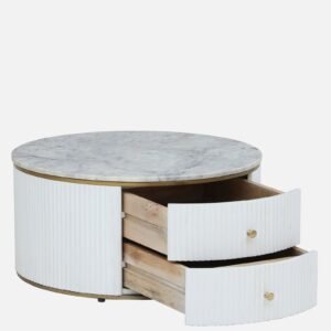 Tanush Furnitures Calmora Pearl Round Coffee Table with Marble-Finish Wooden Surface and Storage (White) - Image 4
