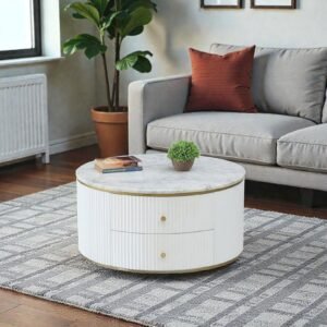 Tanush Furnitures Calmora Pearl Round Coffee Table with Marble-Finish Wooden Surface and Storage (White) - Image 2