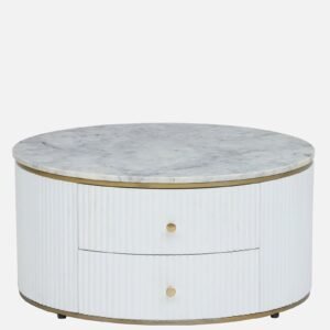 Tanush Furnitures Calmora Pearl Round Coffee Table with Marble-Finish Wooden Surface and Storage (White) - Image 8