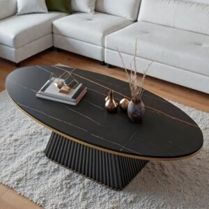 Tanush Furnitures Matte Black Oval Coffee Table with Gold Trim (Black) - Image 5