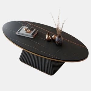 Tanush Furnitures Matte Black Oval Coffee Table with Gold Trim (Black) - Image 4