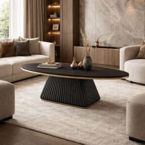 Tanush Furnitures Matte Black Oval Coffee Table with Gold Trim (Black) - Image 1