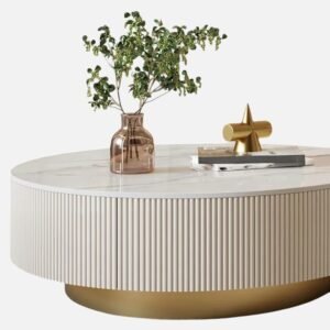 Tanush Furnitures Modern Fluted Wooden Coffee Table with Gold Accents & Hidden Storage Drawers (White) - Image 7