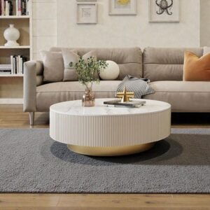 Tanush Furnitures Modern Fluted Wooden Coffee Table with Gold Accents & Hidden Storage Drawers (White) - Image 2