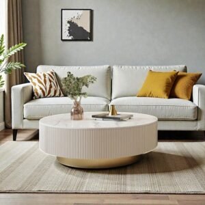Tanush Furnitures Modern Fluted Wooden Coffee Table with Gold Accents & Hidden Storage Drawers (White) - Image 8