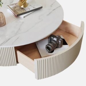 Tanush Furnitures Modern Fluted Wooden Coffee Table with Gold Accents & Hidden Storage Drawers (White) - Image 4