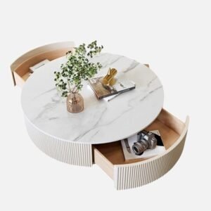 Tanush Furnitures Modern Fluted Wooden Coffee Table with Gold Accents & Hidden Storage Drawers (White) - Image 5