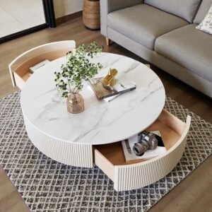 Tanush Furnitures Modern Fluted Wooden Coffee Table with Gold Accents & Hidden Storage Drawers (White) - Image 1
