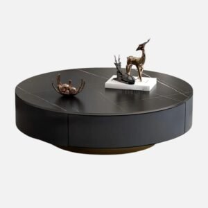 Tanush Furnitures Modern Round Coffee Table with Marble-Effect Top and Hidden Storage Compartment (Black) - Image 4