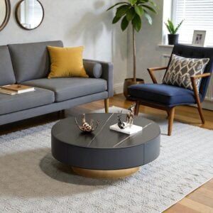 Tanush Furnitures Modern Round Coffee Table with Marble-Effect Top and Hidden Storage Compartment (Black) - Image 2