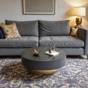 Tanush Furnitures Modern Round Coffee Table with Marble-Effect Top and Hidden Storage Compartment (Black) - Image 8