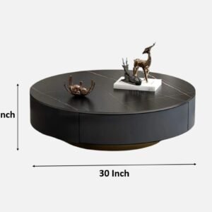 Tanush Furnitures Modern Round Coffee Table with Marble-Effect Top and Hidden Storage Compartment (Black) - Image 3