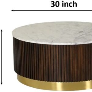 Tanush Furnitures Round Wooden Coffee Table with Mica Laminated Top & Gold Finish Base (Brown) - Image 3