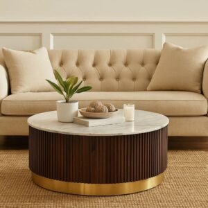 Tanush Furnitures Round Wooden Coffee Table with Mica Laminated Top & Gold Finish Base (Brown) - Image 8