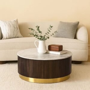 Tanush Furnitures Round Wooden Coffee Table with Mica Laminated Top & Gold Finish Base (Brown)