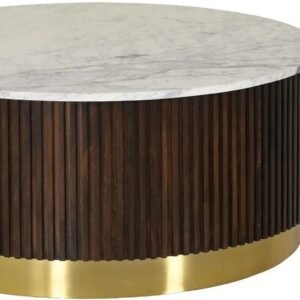 Tanush Furnitures Round Wooden Coffee Table with Mica Laminated Top & Gold Finish Base (Brown) - Image 5