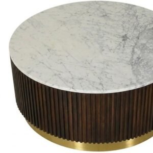 Tanush Furnitures Round Wooden Coffee Table with Mica Laminated Top & Gold Finish Base (Brown) - Image 2