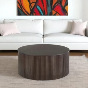 Tanush Furnitures Mona Round Coffee Table in Fluted Wood with Hidden Storage (Brown) - Image 8