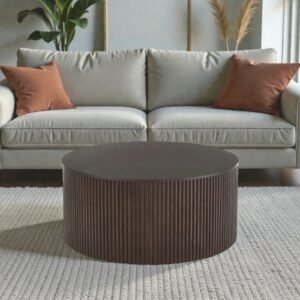 Tanush Furnitures Mona Round Coffee Table in Fluted Wood with Hidden Storage (Brown) - Image 1