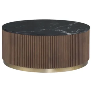 Tanush Furnitures Modern Round Fluted Wooden Coffee Table with Mica Laminated Top – Walnut Brown - Image 1