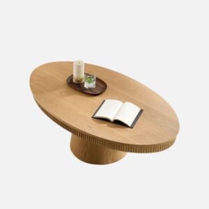 Tanush Furnitures Modern Oval Pedestal Coffee Table with Fluted Apron (Natural Oak) - Image 8