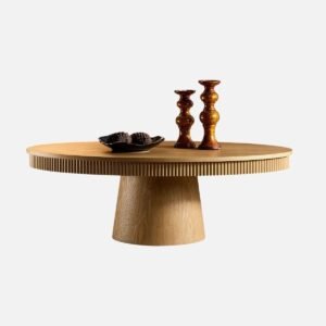 Tanush Furnitures Modern Oval Pedestal Coffee Table with Fluted Apron (Natural Oak) - Image 7