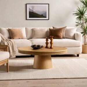 Tanush Furnitures Modern Oval Pedestal Coffee Table with Fluted Apron (Natural Oak) - Image 2