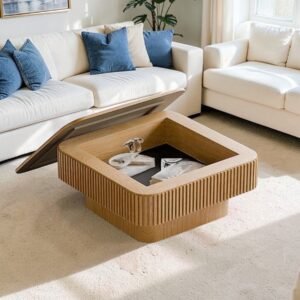 Tanush Furnitures Rio Fluted Wooden Coffee Table with Hidden Storage and Mica Laminated Top (Light Brown) - Image 8