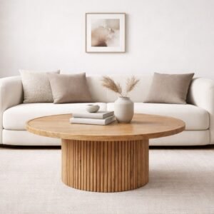 Tanush Furnitures Modern Round Wooden Coffee Table (Natural Oak) - Image 1