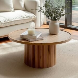 Tanush Furnitures Modern Round Wooden Coffee Table (Natural Oak) - Image 7
