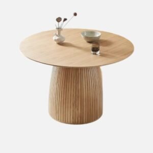 Tanush Furnitures Modern Round Oak Finish Dining Table with Fluted Pedestal Base (Natural Oak) - Image 2