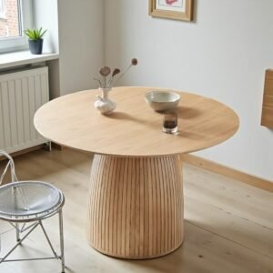 Tanush Furnitures Modern Round Oak Finish Dining Table with Fluted Pedestal Base (Natural Oak) - Image 6