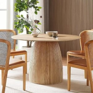 Tanush Furnitures Modern Round Oak Finish Dining Table with Fluted Pedestal Base (Natural Oak) - Image 5