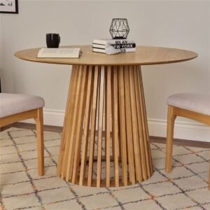 Tanush Furnitures Round Wooden Dining Table with Slatted Pedestal Base (Natural Oak) - Image 6