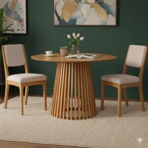 Tanush Furnitures Round Wooden Dining Table with Slatted Pedestal Base (Natural Oak) - Image 1