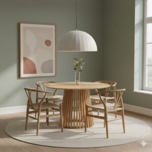 Tanush Furnitures Round Wooden Dining Table with Slatted Pedestal Base (Natural Oak) - Image 7