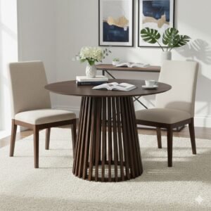 Tanush Furnitures Round Wood Dining Table with Slatted Pedestal Base (Brown) - Image 7