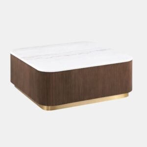 Tanush Furnitures Modern Square Fluted Coffee Table with Marble-Finish Mica Top (Brown) - Image 2