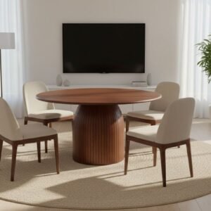 Tanush Furnitures Modern Round Walnut Finish Dining Table with Fluted Pedestal Base (Brown) - Image 7