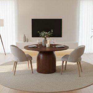 Tanush Furnitures Modern Round Walnut Finish Dining Table with Fluted Pedestal Base (Brown) - Image 6