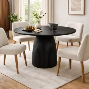 Tanush Furnitures Modern Round Pedestal Dining Table with Fluted Base – Black Finish (Black) - Image 7