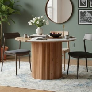 Tanush Furnitures Round Marble Finish Wooden Dining Table with Fluted Pedestal Base (Brown and White Top) - Image 7