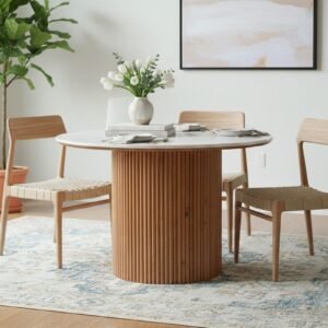 Tanush Furnitures Round Marble Finish Wooden Dining Table with Fluted Pedestal Base (Brown and White Top) - Image 1