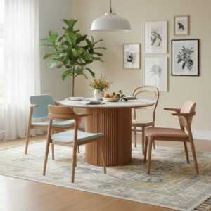Tanush Furnitures Round Marble Finish Wooden Dining Table with Fluted Pedestal Base (Brown and White Top) - Image 6