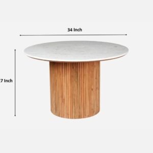 Tanush Furnitures Round Marble Finish Wooden Dining Table with Fluted Pedestal Base (Brown and White Top) - Image 3