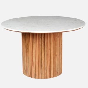 Tanush Furnitures Round Marble Finish Wooden Dining Table with Fluted Pedestal Base (Brown and White Top) - Image 2