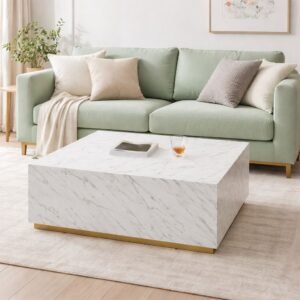 Tanush Furnitures Handcrafted Wooden Coffee Table Featuring Elegant White Marble Texture (White) - Image 1