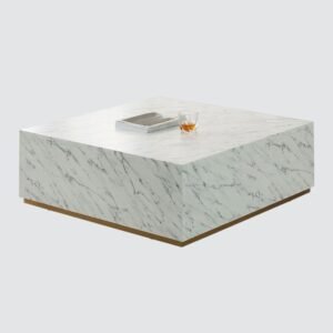 Tanush Furnitures Handcrafted Wooden Coffee Table Featuring Elegant White Marble Texture (White) - Image 5