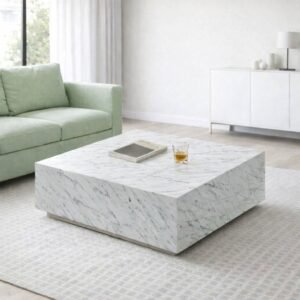 Tanush Furnitures Handcrafted Wooden Coffee Table Featuring Elegant White Marble Texture (White) - Image 4